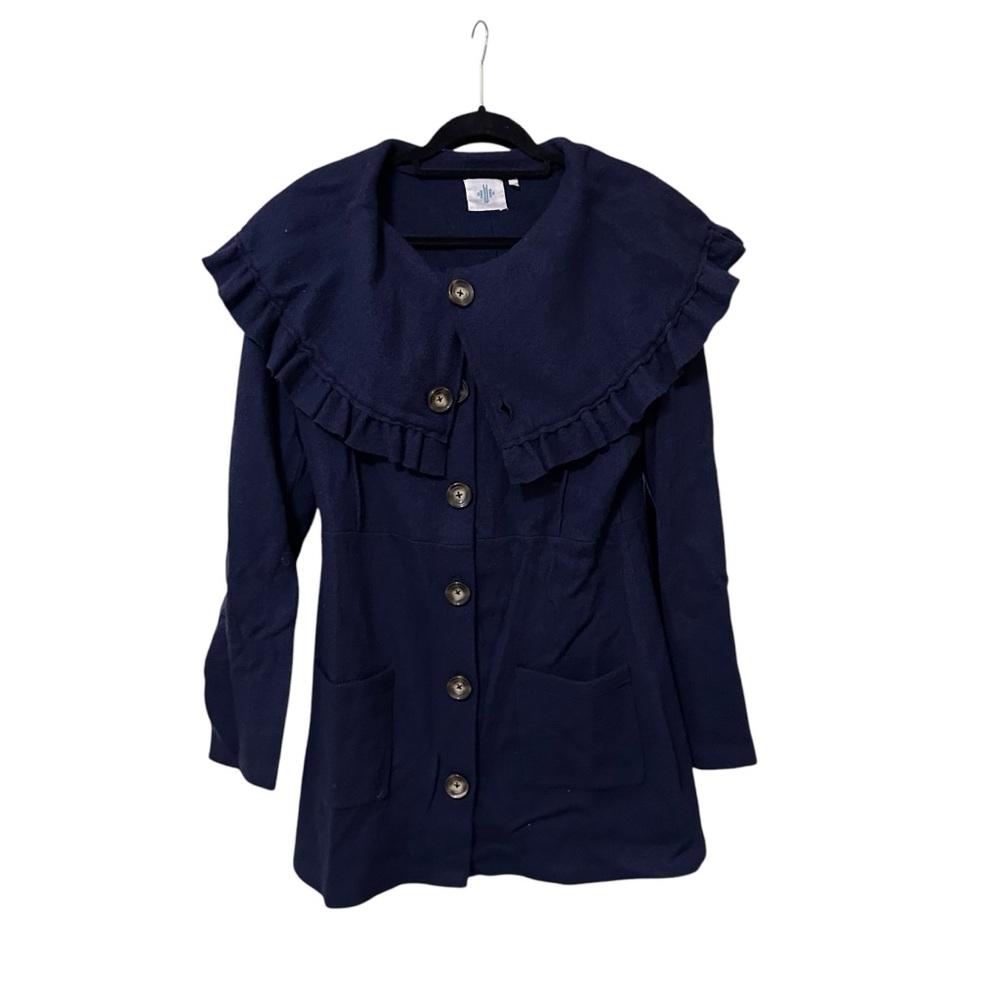 Anthropologie Navy 100% Wool Coat with Ruffled Collar